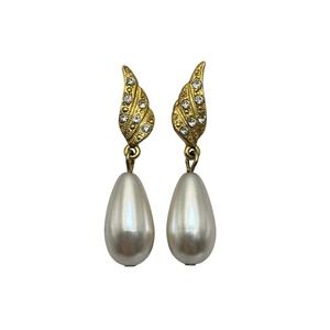 Vintage Gold Tone Wing Pearl Drop Earrings Crystal Accents Dangle Statement